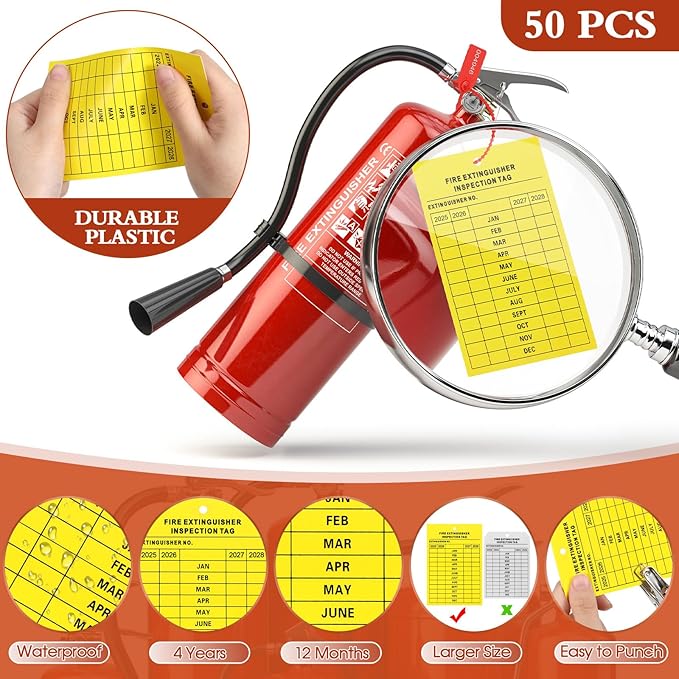 Chunful 101 Pieces Monthly Fire Extinguisher Inspection Tags 2025 to 2028 Maintenance Tags Plastic Tamper Seals Numbered Security with Handheld Hole Puncher(Yellow)