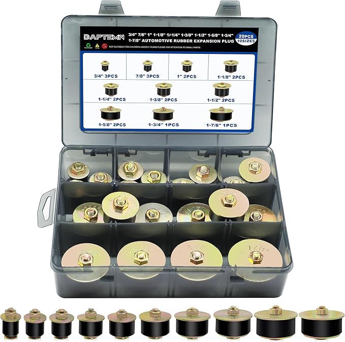 20PCS Expansion Freeze Rubber Plugs Kit,10 Sizes Automotive Engine Rubber Expandable Freeze Plugs Fit Hole 3/4" 7/8" 1" 1-1/8" 1-1/4" 1-3/8" 1-1/2" 1-5/8" 1-3/4" 1-7/8"