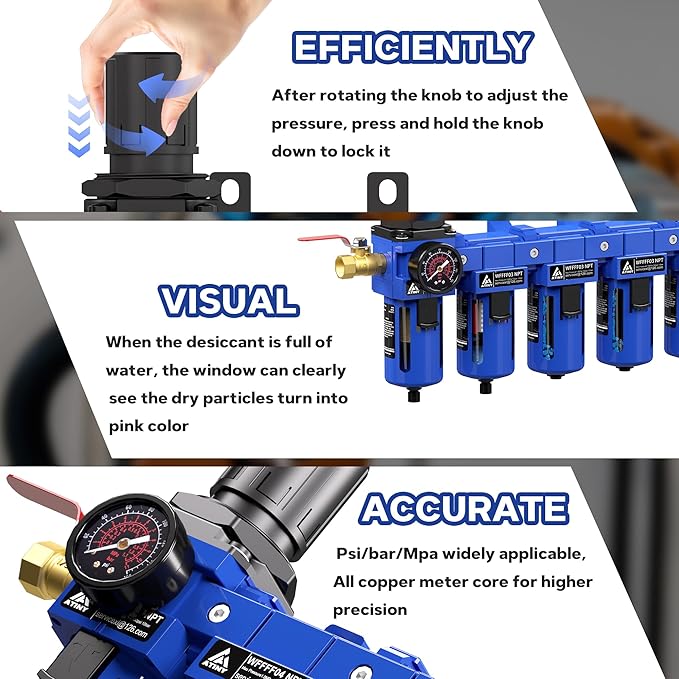 3/8'' NPT 5 Stage Air Dryer for Compressor,5 &0.01 Micron Filter Cartridge Air Drying System,Triple Desiccant Dryers & Air Regulator,Metal Bowl, Semi-Auto Drain,Industrial Grade-Blue