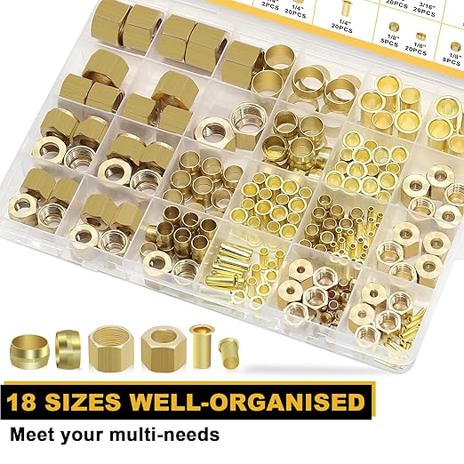 Siptenk 255PCS Brass Compression Sleeves Ferrules Inserts Nuts Fittings for Tube OD 1/2" 3/8" 5/16" 1/4" 3/16" 1/8", 6 Sizes Hose Compression Fitting Brass Ferrule Kit