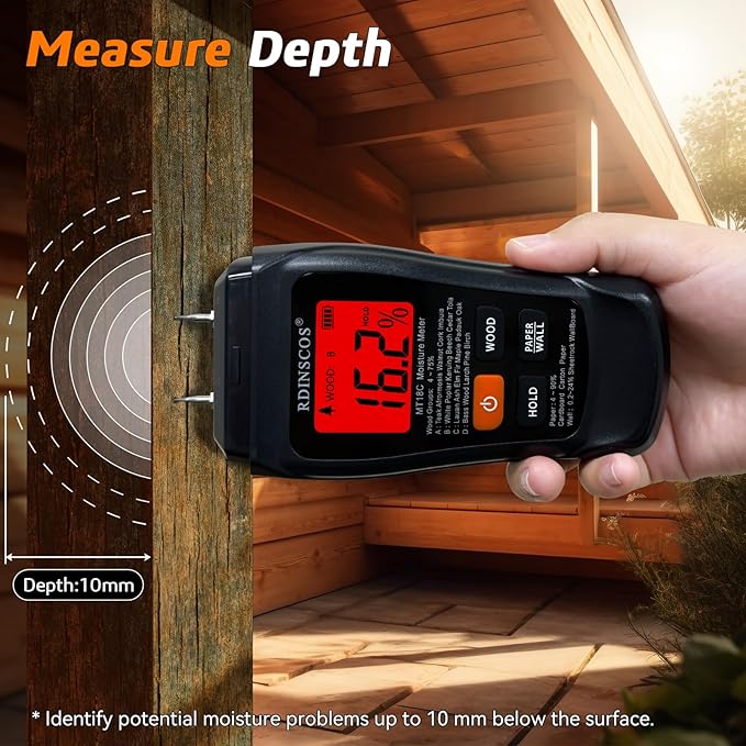 RDINSCOS Moisture Meter for Wood, Drywall, and Building Materials – Digital Moisture Detector with Fixed Pins, 4 Material Modes, LCD Display, for Home Inspection and Firewood Testing