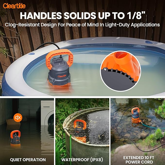 Cleartide Submersible Sump Pump, 1/4 HP Utility Water Pump for Pool Draining, Hot Tub, Basement,100% Copper Motor, Electric Drain Pump Handles 1/8" Solids, 10 FT Cord