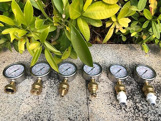 Water Pressure Gauge Kit, Glycerin Filled Test with Lead-Free Brass Hose Fittings, 3/4'' Female Coupler Plus 5 Adapters to in Multiple Systems, 2-2/3'' dial, 0-200 Psi