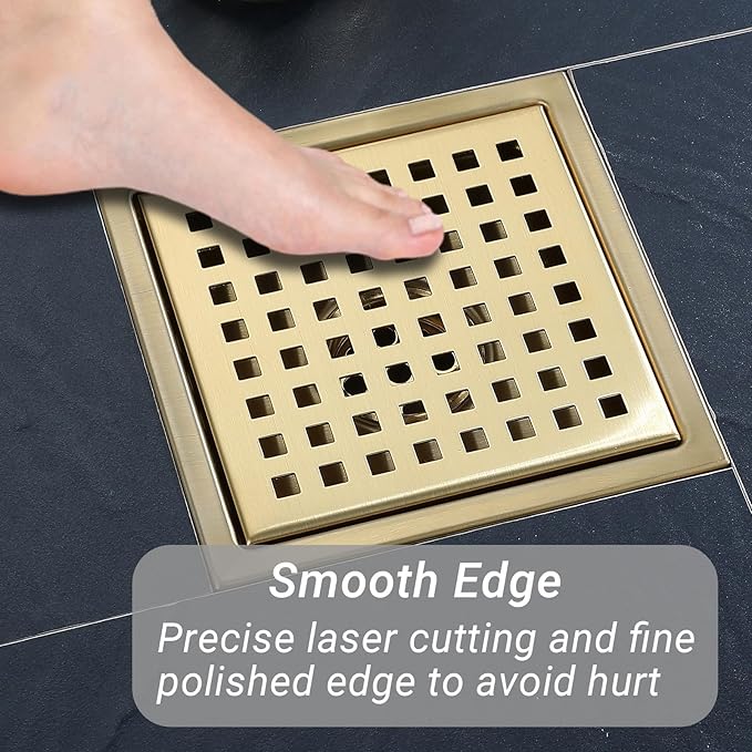 6 Inch Square Shower Floor Drain, Stainless Steel Black Shower Drain Kit with Flange, Floor Drain with Removable Grid Cover,Brushed Gold