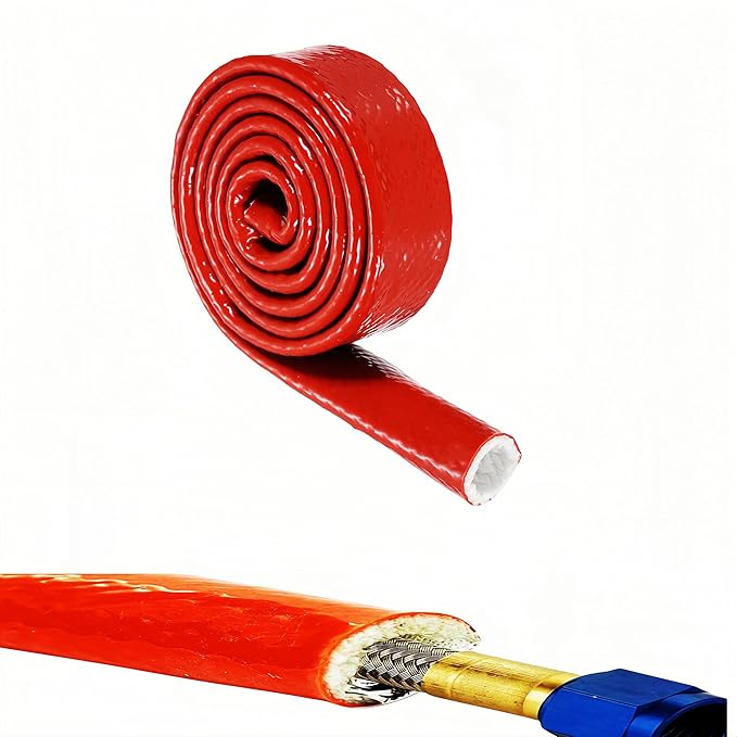 1/2"(12mm) ID Heat Shielded Fire Thermo Armor Fire Sleeve Silicone Coated Fiberglass for Automotive Hose Lines & Electrical Wiring Red, 5 feet