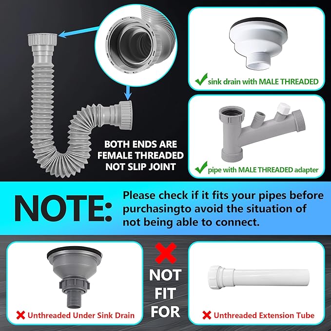Sink Drain Pipe Kit, 1 Pack Flexible Drain Pipe P Trap, 8.46"-20.67" Flexible P Trap, Under Sink Plumbing for Bathroom and Kitchen, 1-1/4" Adapter Included