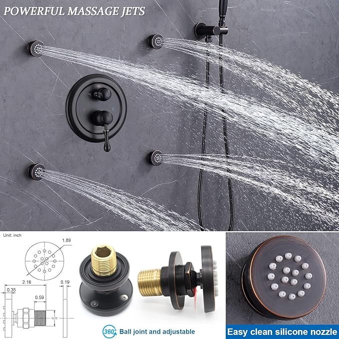 Enga Antique Shower Faucet Sets Dual Heads with 4 Body Jets, 8" + 6" Ceiling & Wall Mount Vintage Shower Head with Handheld Spray Combo, 4 Way Diverter Brass Valve, Oil Rubbed Bronze