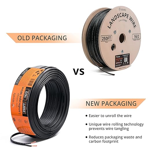 Wirefy 16/2 Low Voltage Landscape Wire 250 ft | Low Voltage Landscape Lighting Wire | Pure Copper | Outdoor Direct Burial | 16-Gauge 2-Conductor 250 Feet | UL Listed