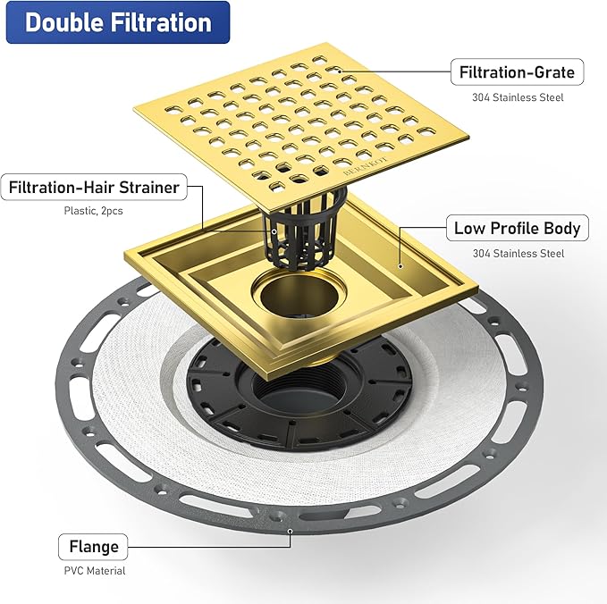 Square Shower Drain 6" Polished Gold with PVC Bonding Flange Base 304 Stainless Steel Drain Grate Removable with Stainless Drain Key for Low Profile Shower Tiles