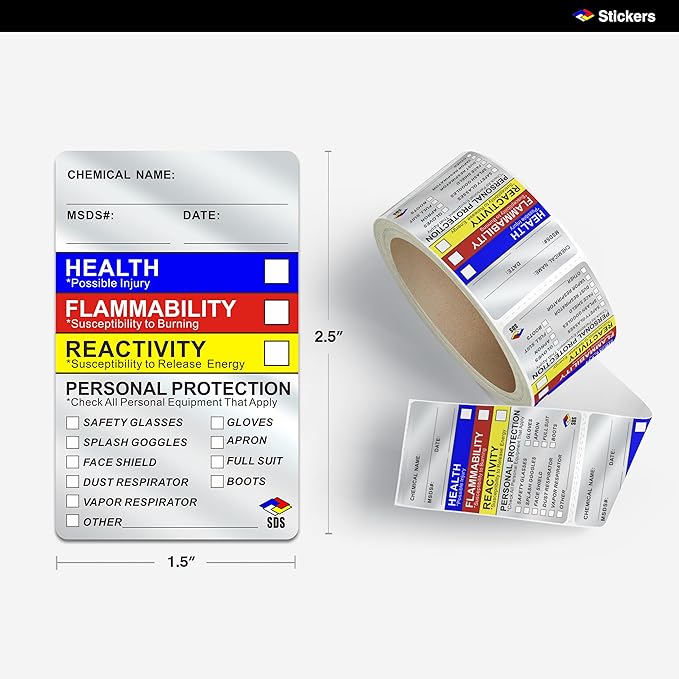 SDS Labels Stickers, Roll of 250 OSHA Ghs Hmis Labels Stickers for Chemical Safety, Ghs Label for Secondary Containers, HMIS & Hazard Compliant, MSDS Label