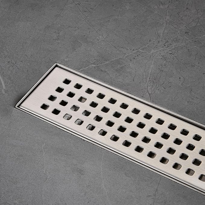 Linear Shower Floor Drain, Brushed Nickel 28 Inch 304 Stainless Steel Bathroom Drains Kit, Long Rectangular Shower Trench Drain with Square Pattern Drain Cover & Hair Catcher
