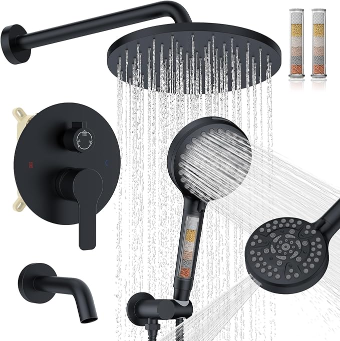 Iriber Mattle Black Bathtub Shower Faucet Set，Bathroom Shower System with Tub Spout ，Filtered Shower Head with Handheld, 9 Spray Mode Showerhead,Shower Valve Trim Kit Contain Cartridge,10 Inch