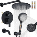 Iriber Mattle Black Bathtub Shower Faucet Set，Bathroom Shower System with Tub Spout ，Filtered Shower Head with Handheld, 9 Spray Mode Showerhead,Shower Valve Trim Kit Contain Cartridge,10 Inch