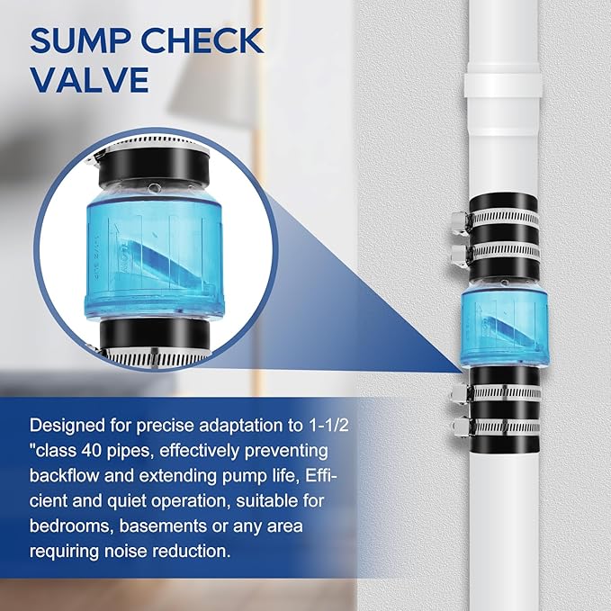 Quiet PVC Check Valve 1-1/2 Inch Sump Pump Check Valve with Buna-N Couplings With Spring Loaded Flapper Fit 1-1/2″ Class 40 Pipe With Stainless Clamps