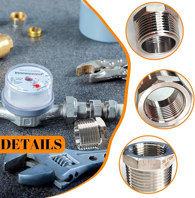 2 Pcs Stainless Steel Bushing 1" Male to 3/4" Female, 1" to 3/4" NPT Adapter Hex Stainless Steel Reducing Pipe Adapter Fitting Pipe Tube Adapter Convert