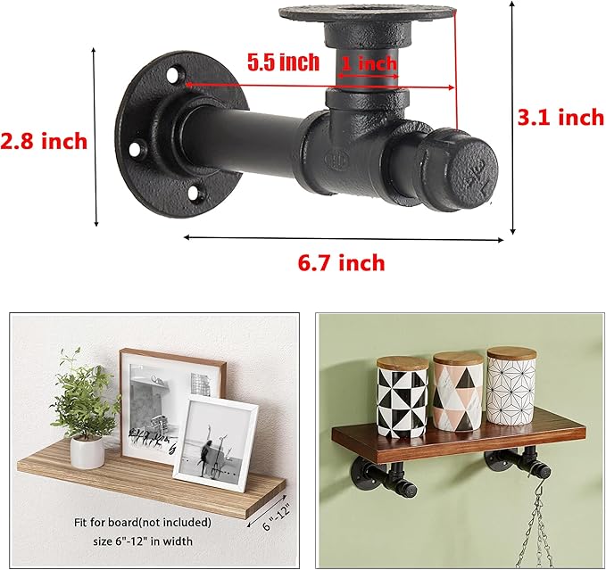 Pipe Shelf Brackets 6.7 inch10 Packs Industrial Iron DIY L Pipe Shelf Bracket for 6”-12" inch Wood Floating Shelf Vintage Look Rustic Home Pipe Decor, Included Accessories