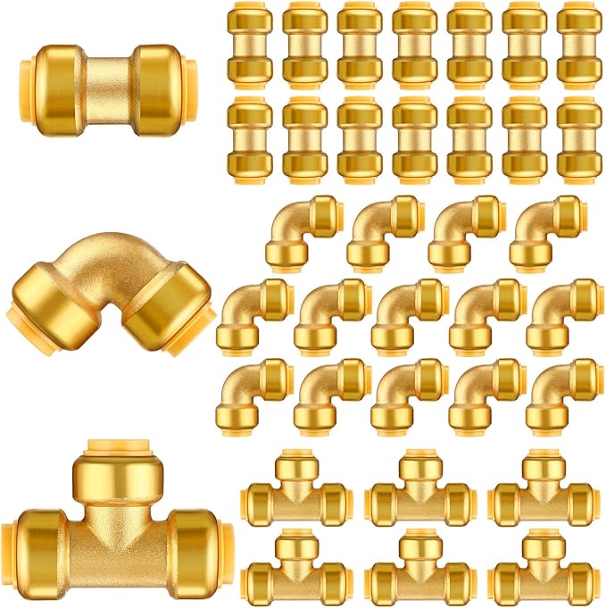 35 Pieces 1/2 Inch Push to Connect Brass Plumbing Fittings Include 14 Straight Coupling 14 Pcs 90 Degree Elbow Plumbing Connectors and 7 Tee Push Fit Fitting Bulk for Copper PEX CPVC Pipe Connect