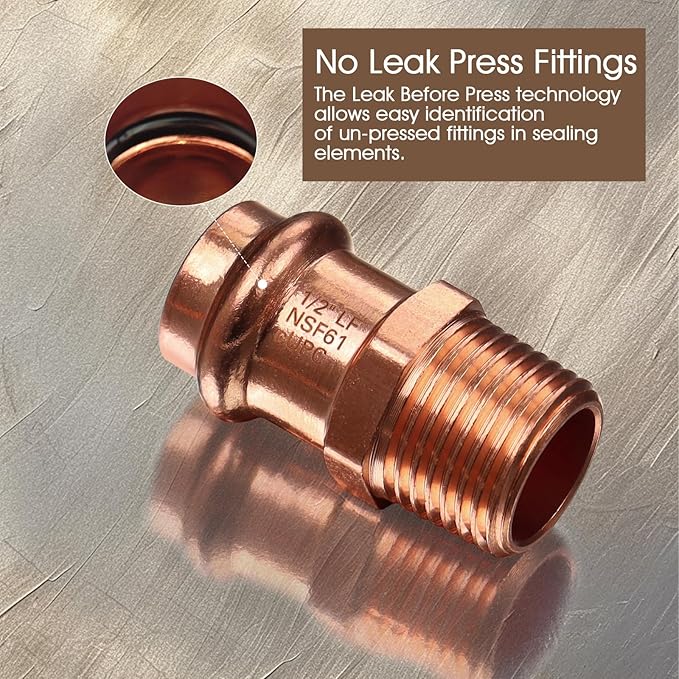 Copper Press Male Adapter,12PCS 1/2" Press x 1/2” NPT Male Copper Press Fittings Adapter,1/2” Male NPT x Press LF Coppers Press Adapter Pressure Coppers Fitting Male x Press Connection for Plumbing