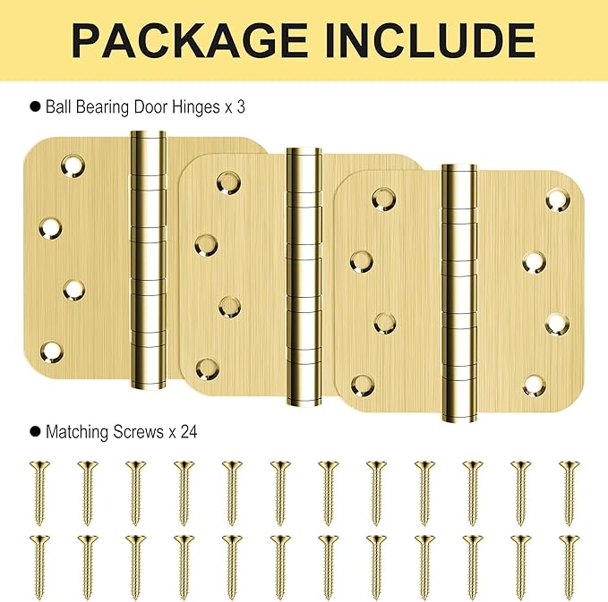 3 Pack 4" Heavy Duty Door Hinges with 5/8'' Radius Corner, 4in x 4in Stainless Steel Door Hinges for Exterior & Interior Doors, Smooth and Quiet (Gold)