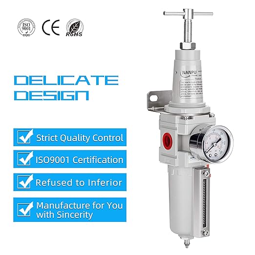 NANPU 1/2" NPT High Pressure Air Filter/Regulator Combo, T-Handle, Semi-Auto Drain, 0-300 Gauge, Metal Bowl