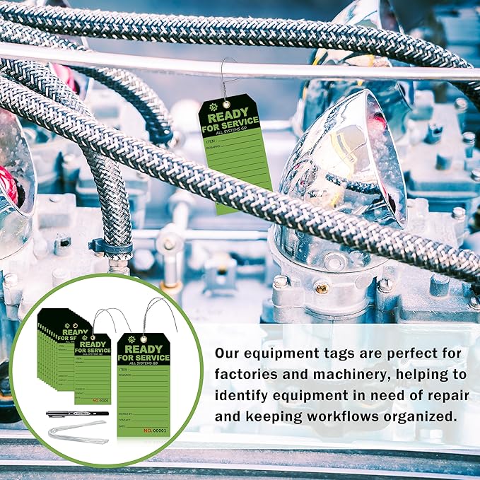 200 Pcs Ready for Service Tags 3 x 5.75 Inch with Serial Number Service Repair Green Tag with 10 Inch Wire Status Notice Tags Equipment Tag Designed for Factories (200)