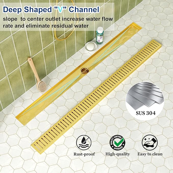 Neodrain 36" Gold Bathroom Linear Shower Drain with Removable Capsule Pattern Grate, 304 Stainless Steel Rectangle Shower Floor Linear Drain- Adjustable Leveling Feet,Hair Strainer, CUPC Certified