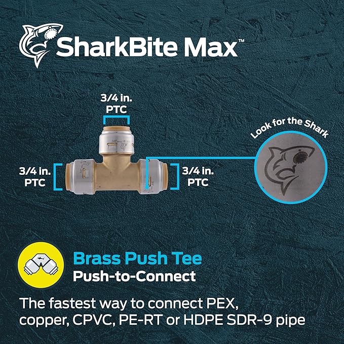 SharkBite Max 3/4 Inch Tee, Push to Connect Brass Plumbing Fitting, PEX Pipe, Copper, CPVC, PE-RT, HDPE, UR370A