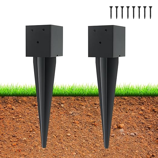 2 Pcs 4"x4" Fence Post Anchor Ground Spike,(Internal 3.6"x3.6"),Metal Post Stake Ground 16" with Black Powder-Coated,Fence Stakes Post Base for Deck,Fence,Porch,Railing,Mailbox.