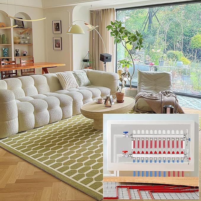 12-Branch PEX/Radiant Heat Manifold，1/2" PEX Tubing Manifold,304 Stainless Steel Floor Heat Manifold Kit with 1/2" Adapters Included for Hydronic Radiant Floor Heating (12-Loop)