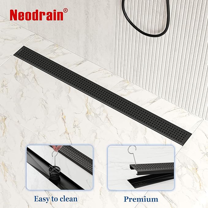 Neodrain 32-Inch Black Linear Shower Drain with Removable Quadrato Pattern Grate,Professional 304 Stainless Steel Rectangle Shower Floor Drain Manufacturer,Leveling Feet,Hair Strainer,Matte Black
