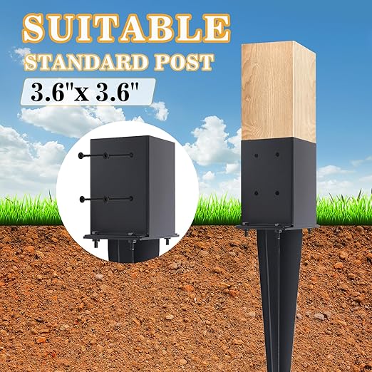 2 Pcs 4"x4" Fence Post Anchor Ground Spike,(Internal 3.6"x3.6"),Metal Post Stake Ground 22" with Black Powder-Coated,Fence Stakes Post Base for Deck,Fence,Porch,Railing,Mailbox