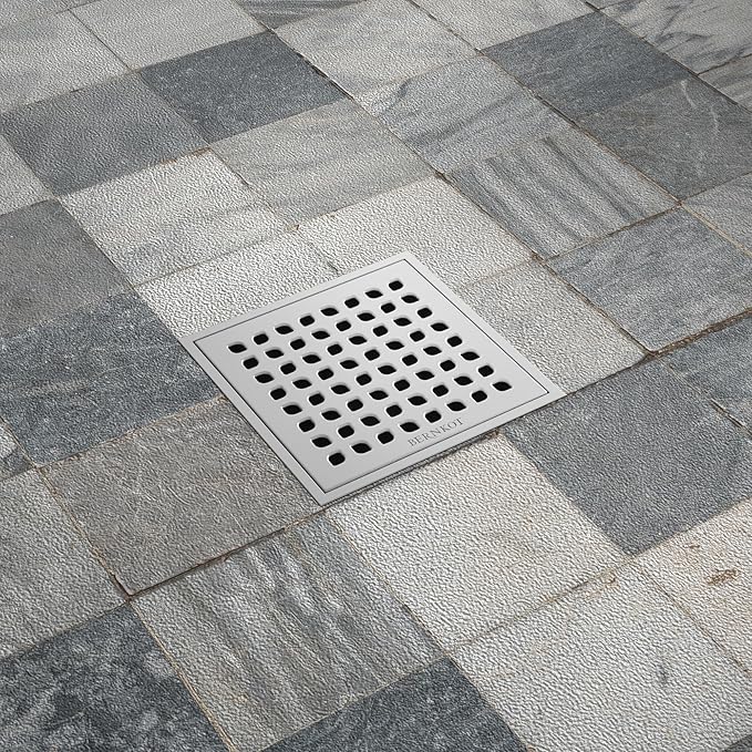 Square Shower Drain, 6" Brushed with PVC Bonding Flange Base 304 Stainless Steel Drain Grate Removable with Stainless Drain Key for Low Profile Shower Tiles, CUPC Certified