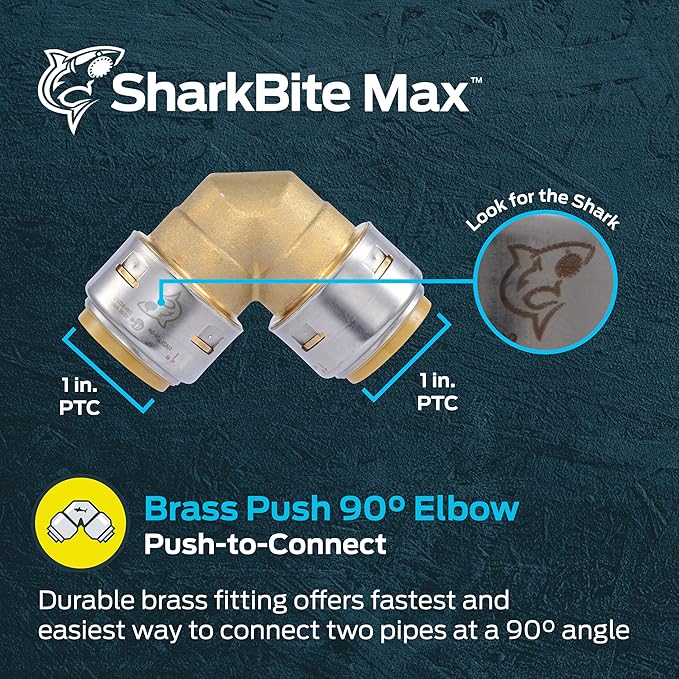 SharkBite Max 1 x 1 in PTC 90 Degree Elbow, Push-to-Connect Brass Plumbing Fitting, UR260A