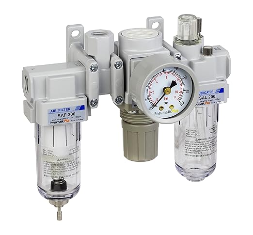 PneumaticPlus SAU200A-N02G - Dual Air System 1/4" NPT - Compressed Air Filter, Pressure Regulator & Lubricator w/Additional Free Air Port 1/4" NPT - Manual Drain, Poly Bowl