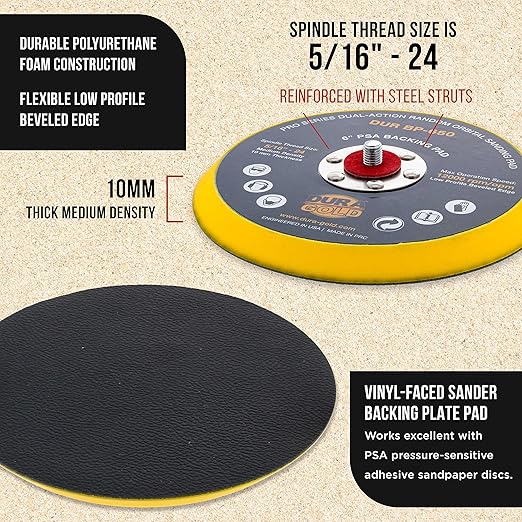 Dura-Gold Pro Series 6" PSA DA Sander Backing Plate Pad - Flexible Low Profile Edge, Dual-Action Random Orbital Sanding Pad, Vinyl Faced For Self-Adhesive Stickyback Sandpaper Discs - Auto Woodworking