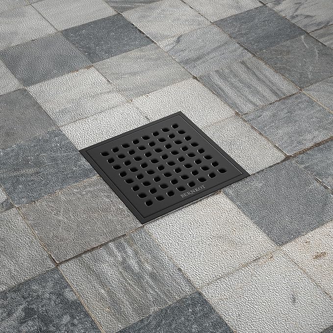 Square Shower Drain, 6" Matte Black with PVC Bonding Flange Base 304 Stainless Steel Drain Grate Removable with Stainless Drain Key for Low Profile Shower Tiles, CUPC Certified