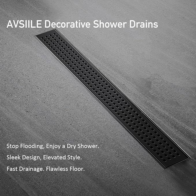 Linear Shower Floor Drain, Matte Black 36 Inch 304 Stainless Steel Bathroom Drains Kit, Long Rectangular Shower Trench Drain with Square Pattern Drain Cover & Hair Catcher