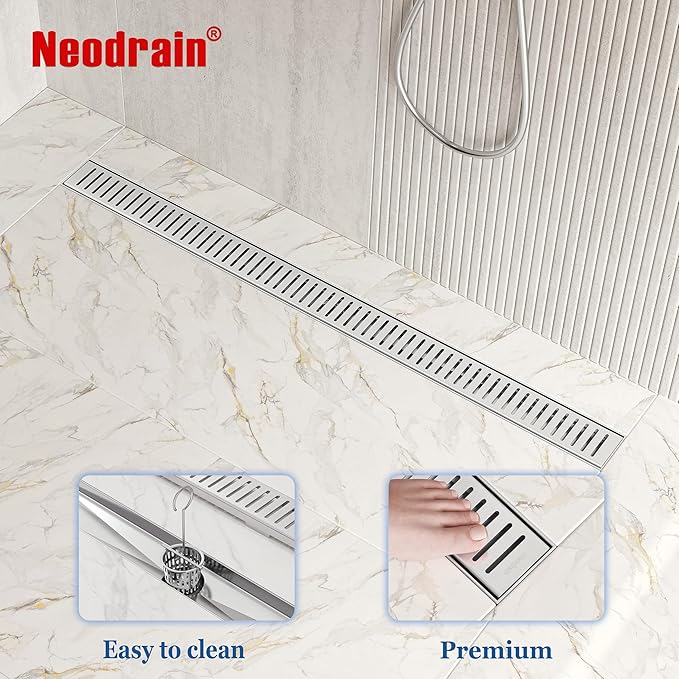 Neodrain 32" Brushed Linear Shower Drain Shower Linear Drain, Removable Capsule Pattern Grate, Bathroom 304 Stainless Steel Rectangle Shower Floor Drains- CUPC Certified