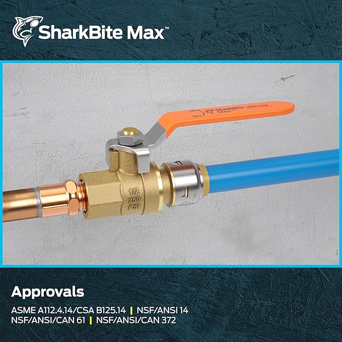 SharkBite Max 1/2 Inch x 1/2 Inch Ball Valve with FNPT Connector, Push to Connect Brass Plumbing Fitting, PEX Pipe, Copper, CPVC, PE-RT, HDPE, UR22182A