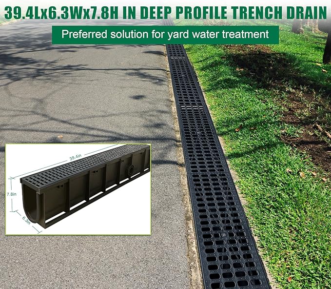 Deep Profile Trench Drain System for Yard-39.4Lx6.3Wx7.8H in Channel Drain with Grates,4 Pack Total Length 157.5 in,Plastic Yard Drainage Systems for Outdoor Downspout Sidewalk Patio