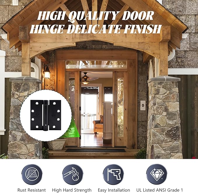 Self Closing Door Hinge 4-1/2 inch Matte Black Auto Close Hinges Adjustable 4 ½"x 4 ½" Spring Hinges Door Closer Hinge Square Corner Commercial Auto Self-Closing Hinge 3 Pieces