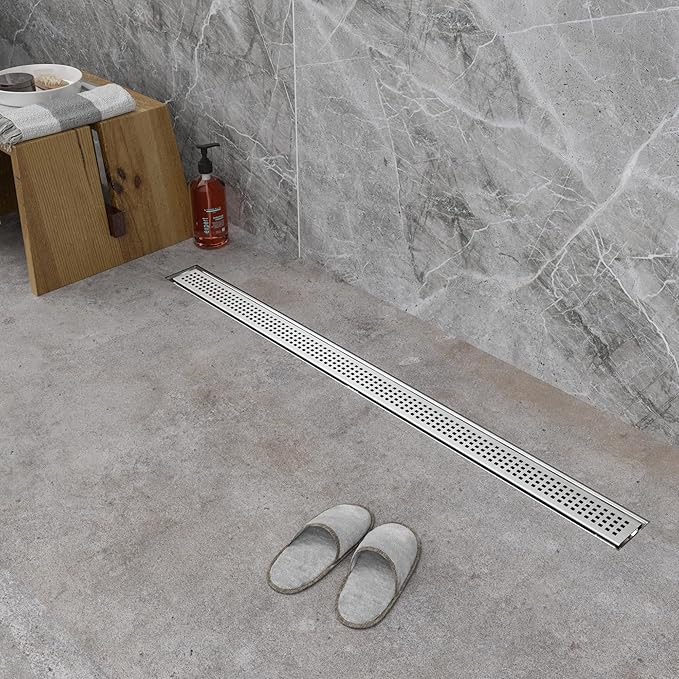24 inch Linear Shower Drain with Square Hole Pattern Grate Cover, Brushed 304 Stainless Steel Bonding Flange Linear Drain, Low Profile Linear Shower Drain with Hair Strainer