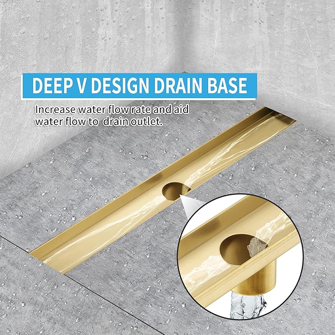 Linear Shower Drain, Brushed Gold Shower Drain 36 Inch with Removable Grate, SUS-304 Stainless Steel Rectangle Floor Drain with Leveling Feet and Hair Strainer, Bathroom Modern Drain SD-101