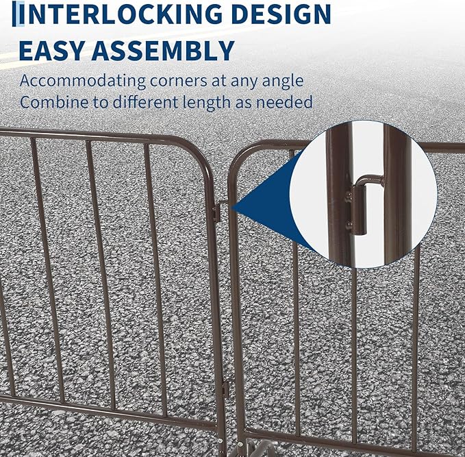 Interlocking Steel Barricade, 7 Ft. Heavy Duty Galvanized Metal Barricade, Interlocking Steel Road Barriers with with Bridge Feet Base, for Crowd Control Event Fencing Indoor/Outdoor, Brown