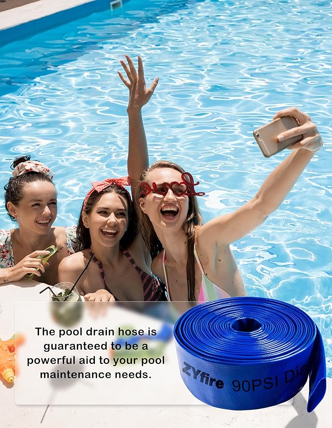ZYfire Pool Backwash Hose with 2 Clamps - 2" x 50 FT PVC Lay Flat Discharge Hose Heavy Duty Reinforced Pool Hose Weather and Burst Resistant for Pool Drain, Sump Pump, Pool Filter