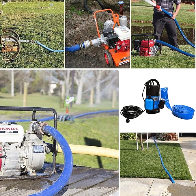 DAVCO 2" x 50 ft Pool Backwash Hose, Heavy Duty Reinforced Blue PVC Lay Flat Water Discharge Pump Hoses For Swimming Drain Pools and Clean Filters,with 1 Clamp