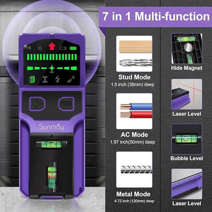 SUNMAY Stud Finder for Walls, 7-in-1 Wall Scanner with Upgraded Intelligent Chip for Wood Metal Studs, Live AC Wires, Joists and Pipes, HD LCD Display, Voice Alerts and Accurate Positioning