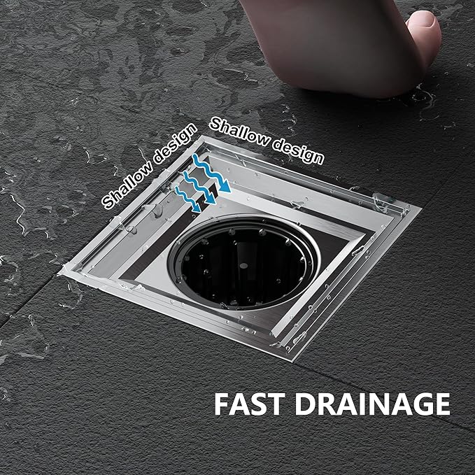Neodrain Square Shower Drain,4 inch Stainless Steel 304 Grate and PVC Drain Body, Grate with Brushed Nickel Finish, Kit Includes Hair Trap/Strainer,Lifting Hook and PVC Drain Base