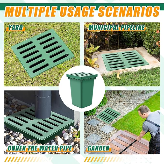 Catch Basin with Grate 15 x 15× 24 Inch Square Large Catch Basin for Drainage with Debris Basket French Drain Without Reserved Hole for Yard, Downspout, Lawn, Municipal Pipeline, Green