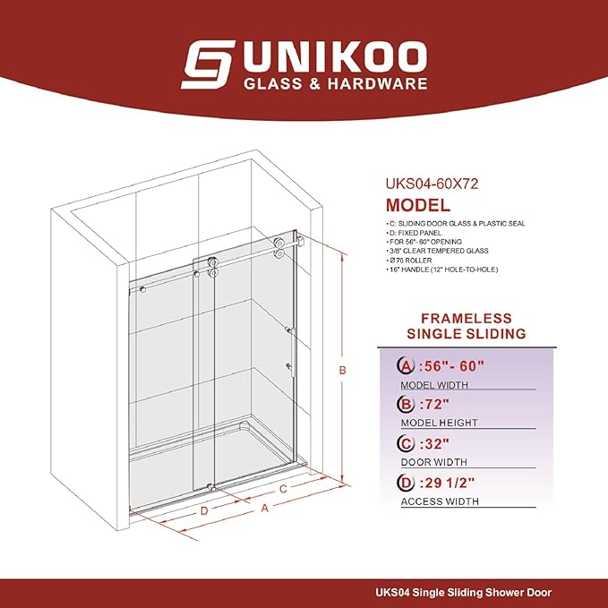 56-60 Inch x 72 Inch Sliding Frameless Shower Door, 3/8" Tempered Glass with Easy-Cleaning Coating, Stainless Steel Rollers & SGCC-Certified Stability, Matte Black